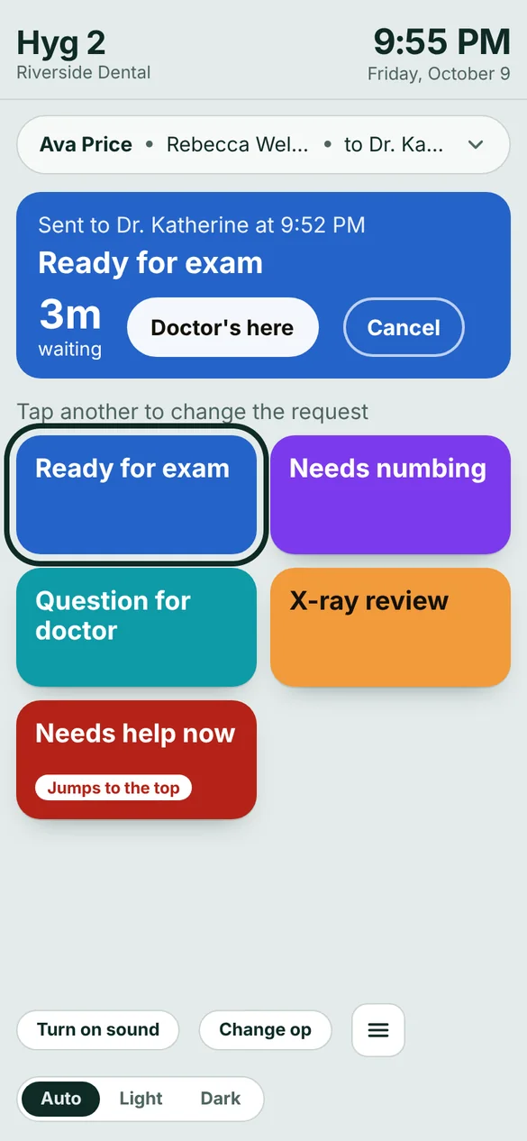 Op tablet screen for Hyg 2 showing a Ready for exam request with a 3 minute wait, and buttons for other requests.