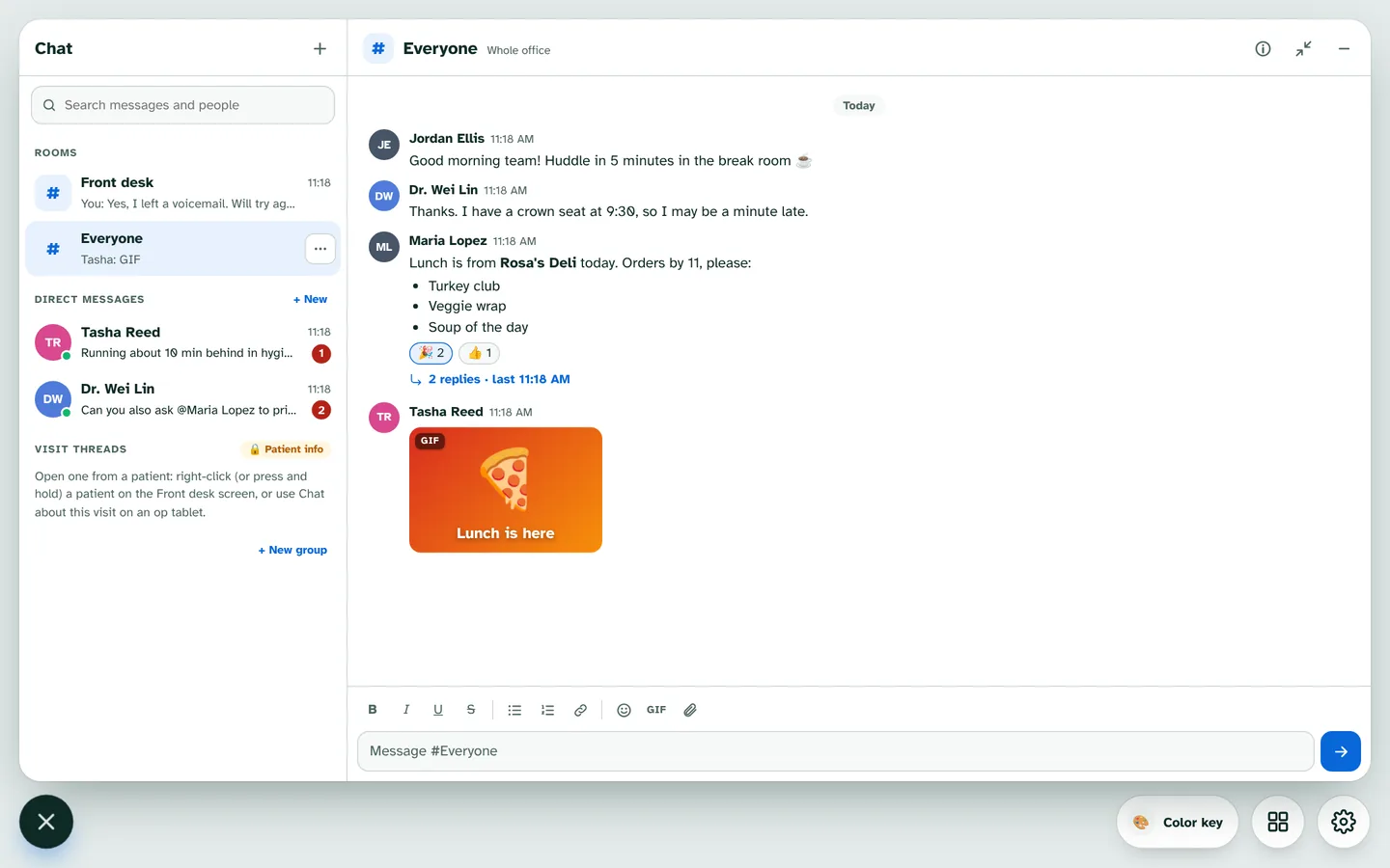 Office chat open over the Office Board on the Everyone room, with a lunch order message, reactions, replies and a GIF.