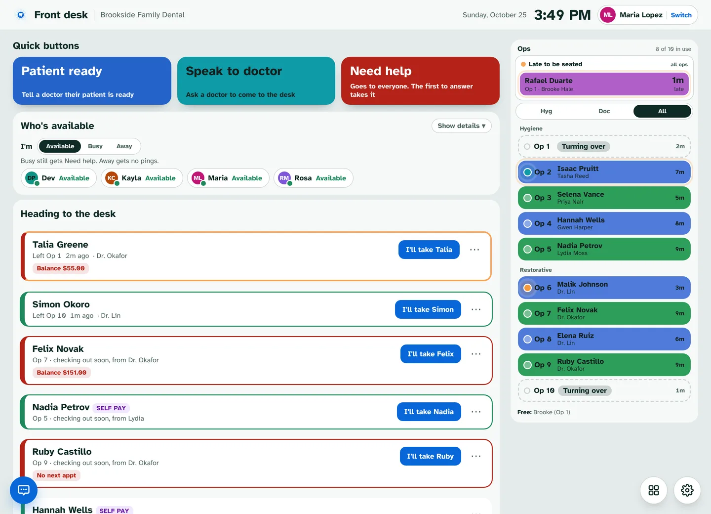 Front desk screen with quick ask buttons, room status, who's available, and patients heading to the desk with checkout flags.