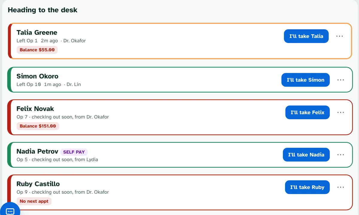 Heading to the desk: Talia Greene left Op 1 with a $55.00 balance, Felix Novak checking out soon, Nadia Petrov self pay, Ruby Castillo with no next appointment, each with an I'll take button.