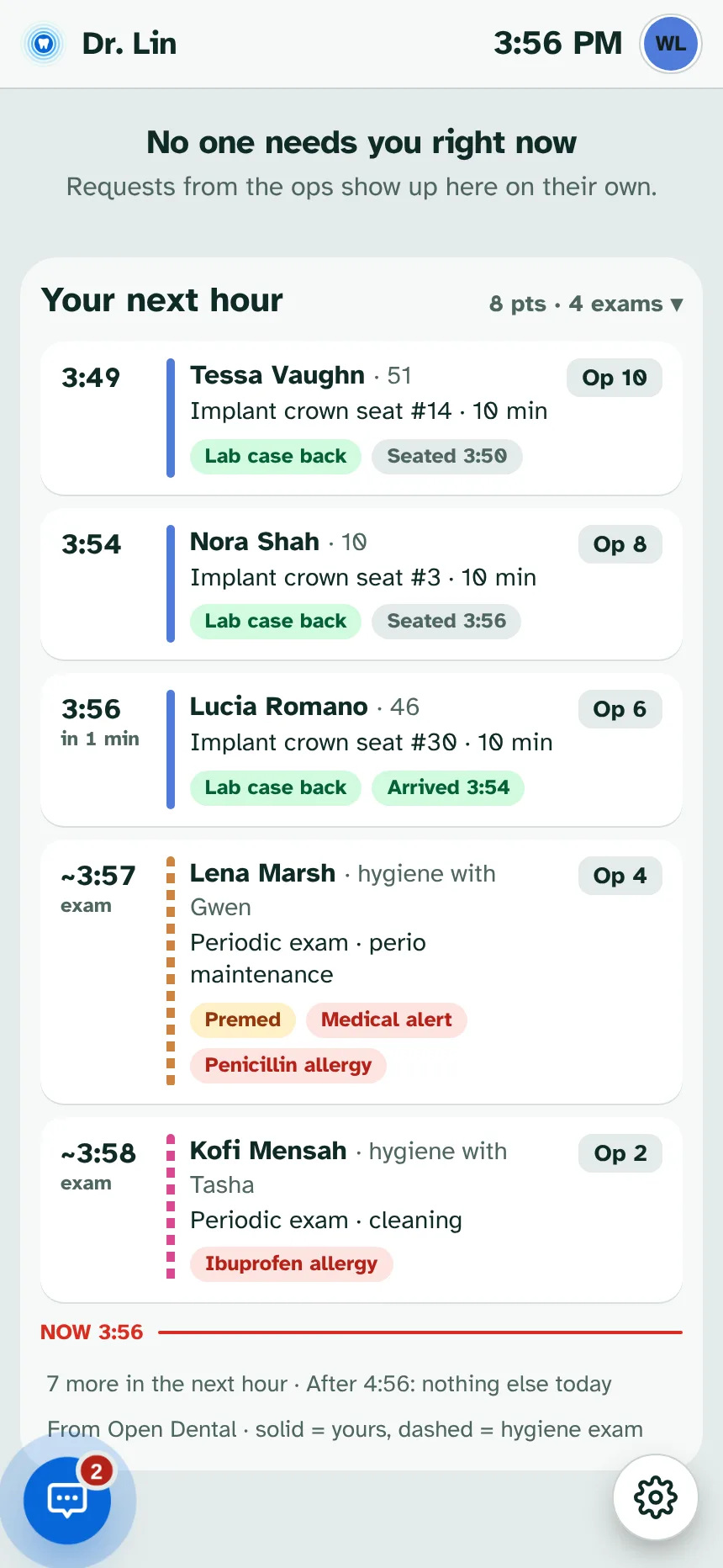 Doctor screen on a phone: No one needs you right now, then Your next hour with Late to be seated on top and each patient's visit, op, allergies and lab case.