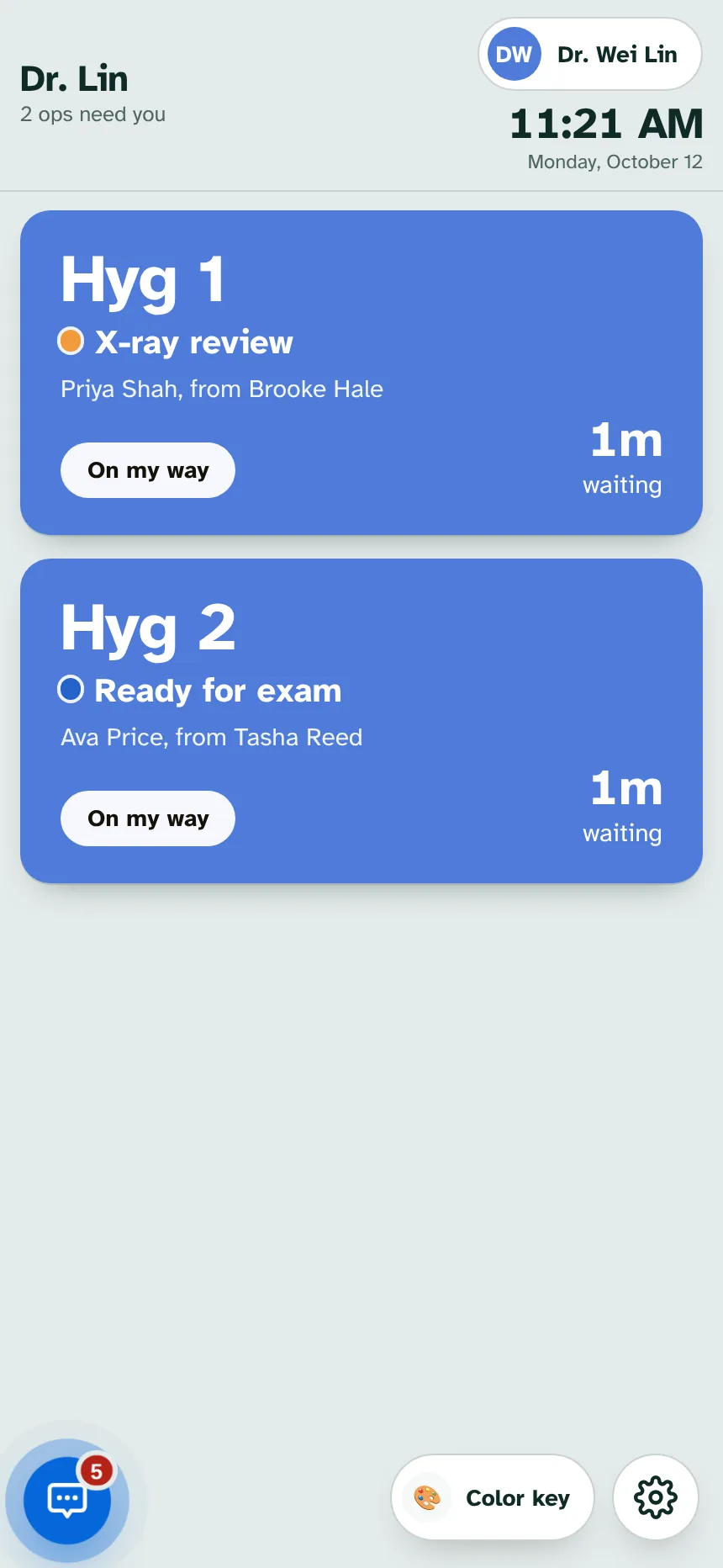 Doctor screen listing Hyg 1 X-ray review and Hyg 2 Ready for exam with wait times and On my way buttons.
