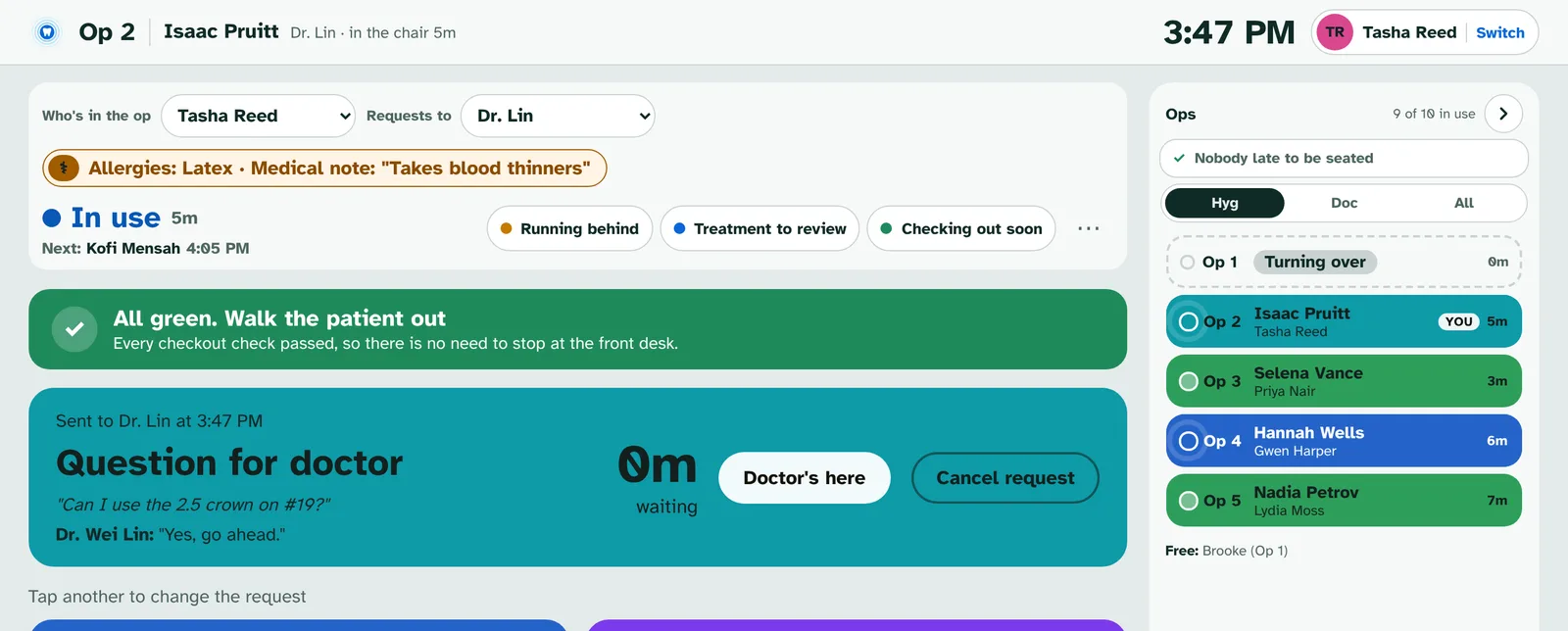 Op 2 tablet showing the sent question and Dr. Wei Lin's answer