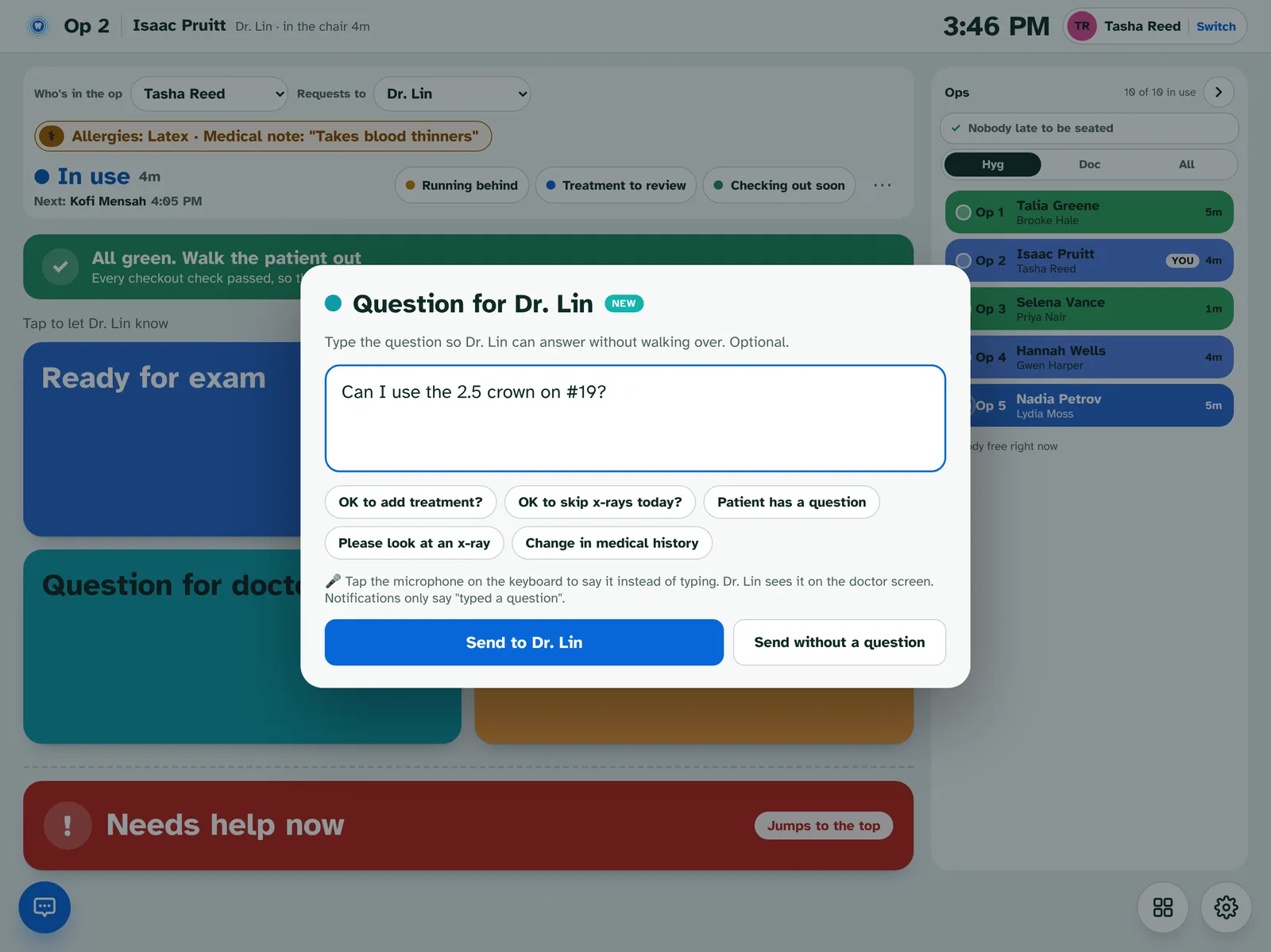 Op 2 tablet with the Question for Dr. Lin box open and